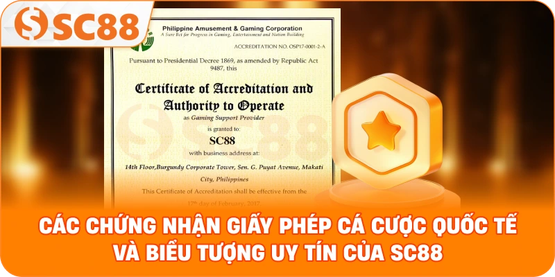 chứng nhận giấy phép cá cược quốc tế và biểu tượng uy tín của SC88