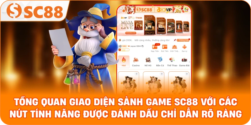 Hình ảnh tổng quan giao diện sảnh game SC88 với các nút tính năng được đánh dấu chỉ dẫn rõ ràng
